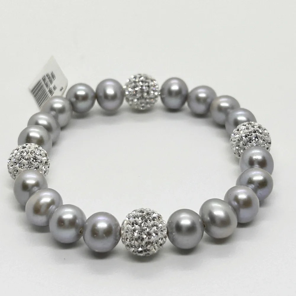 8-9mm Grey Freshwater Pearl Disco Ball Crystal Stretch Bracelet